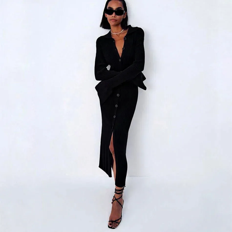 Long Sleeve Bodycon Knitted Maxi Sweater Lady Elegant Long Dress