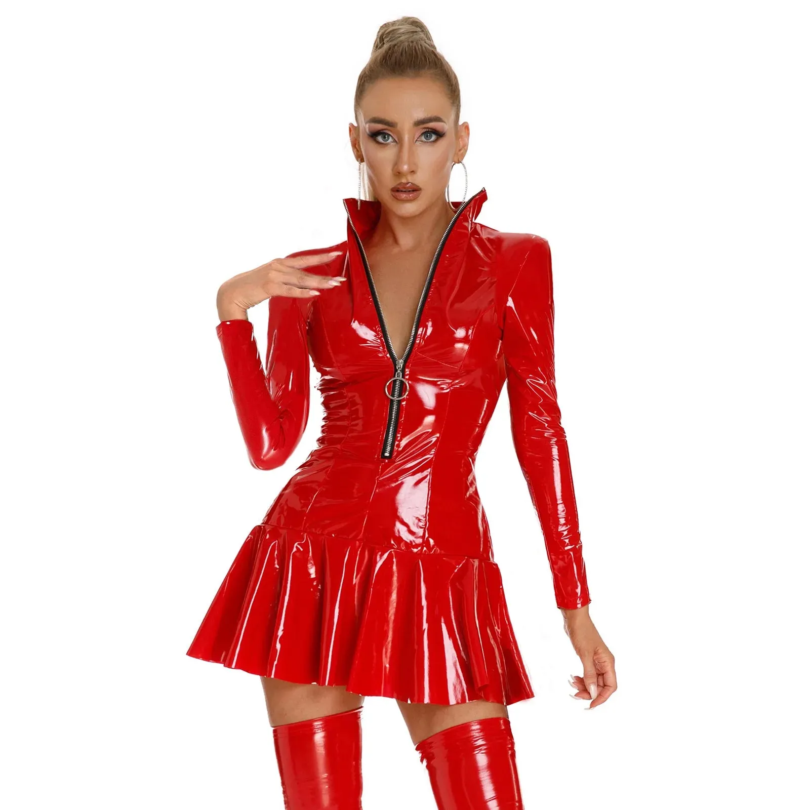 Long Sleeve Faux Latex Bodycon Mini Dress - PU Leather Stand Collar Clubwear