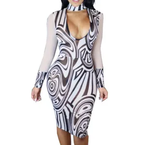 Long Sleeve Mesh Printed Bandage Stretch Party Dress