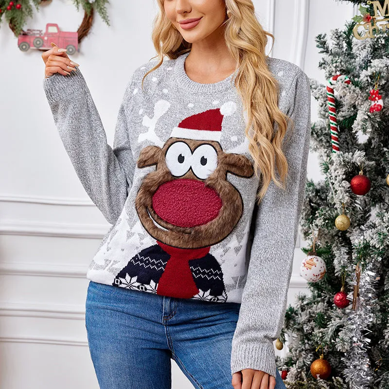 Loose Casual Knitwear Light Gray Christmas Sweater