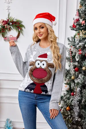Loose Casual Knitwear Light Gray Christmas Sweater