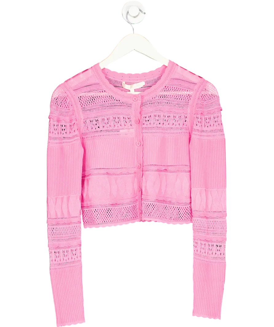 loveshackfancy Pink Pointelle Knit Laren Cropped Cardigan UK XS