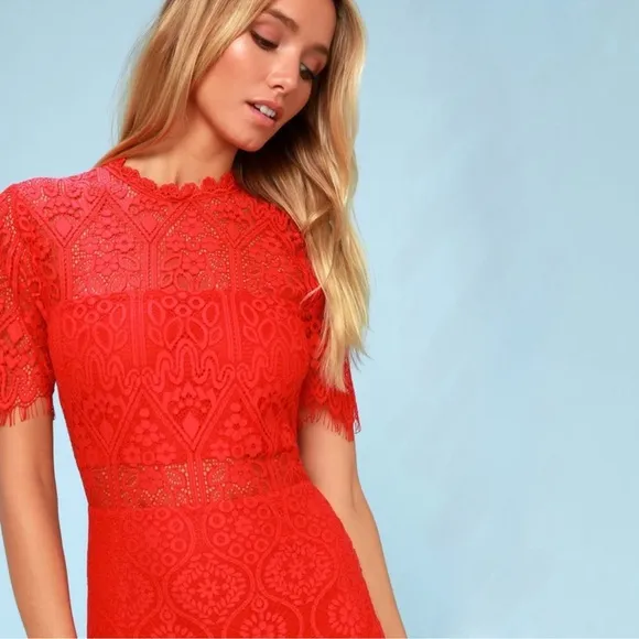 Lulus Red Lace Short Sleeve Mini Dress