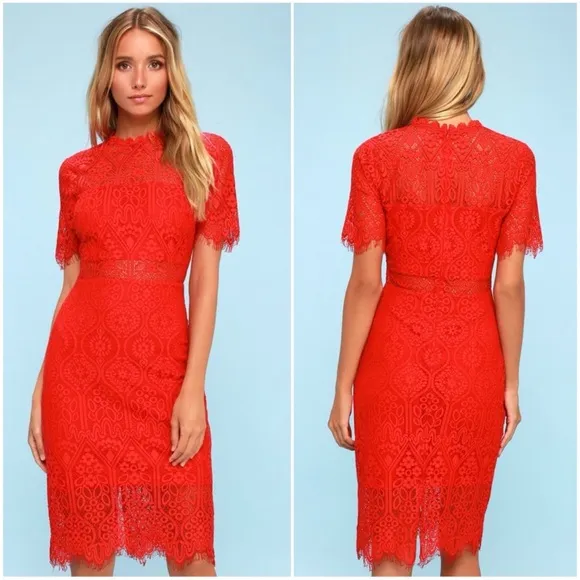 Lulus Red Lace Short Sleeve Mini Dress