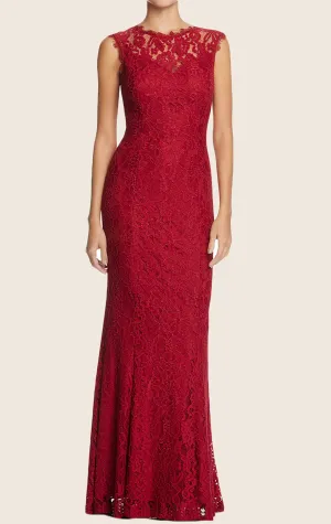 MACloth Sheath Lace Formal Evening Gown with Open Back Burgundy Prom Gown