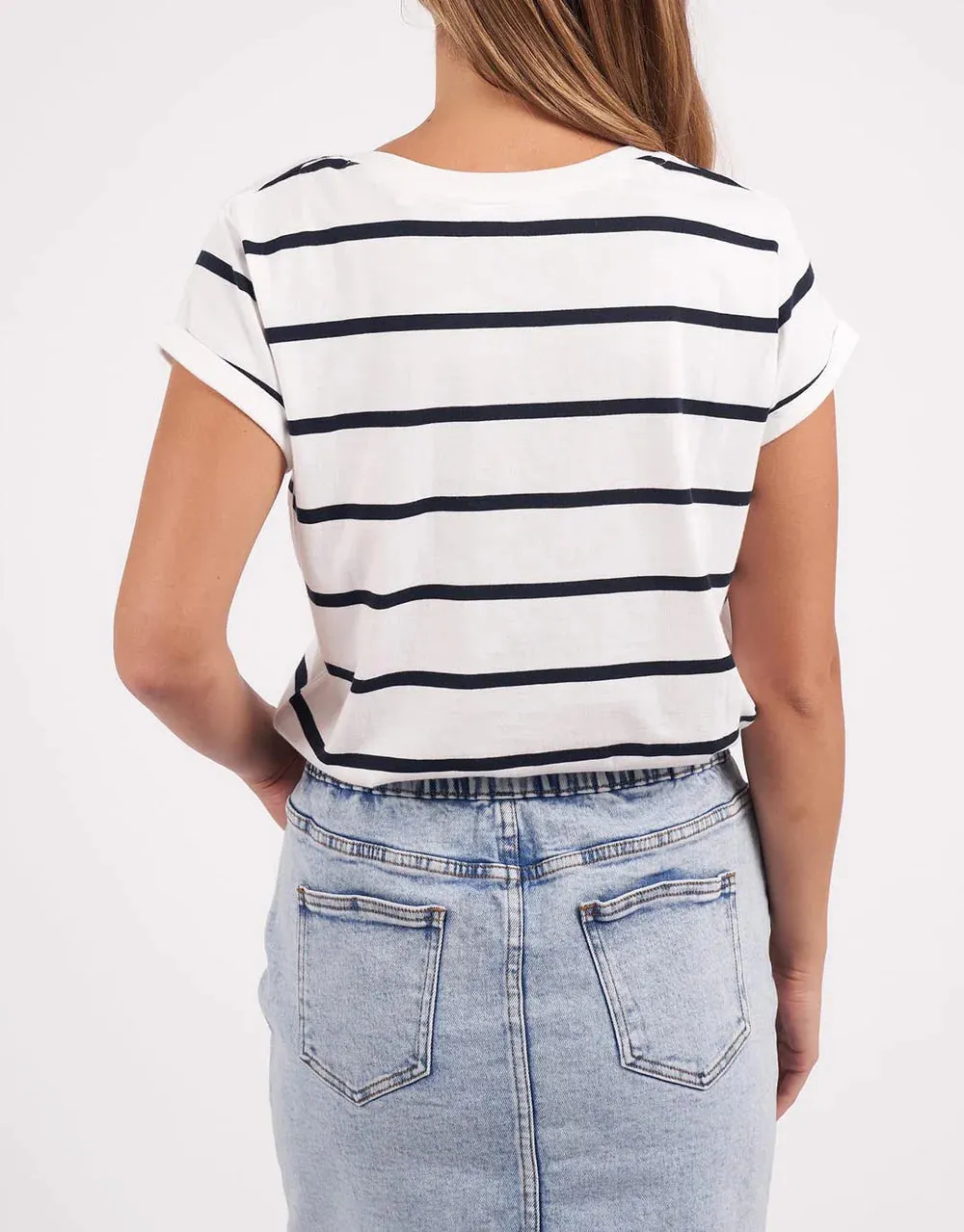 Manly Stripe Vee Tee -White with Navy  Stripe
