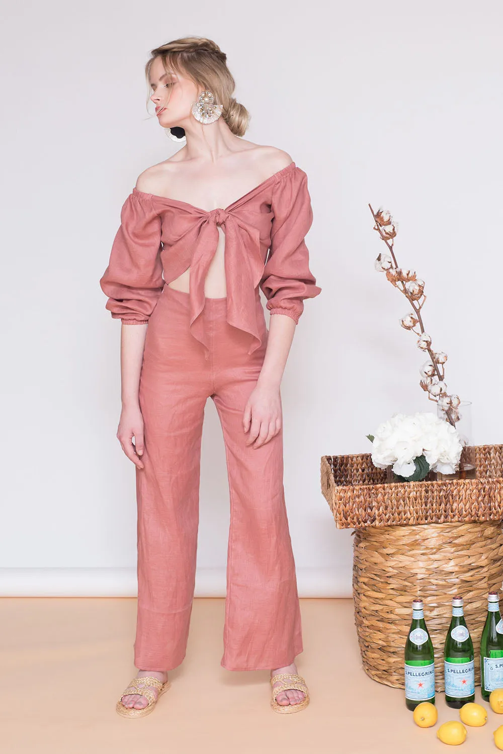 MARRAKESH PANTS SET Off Shoulder Sleeve Top with Tie front   Culottes (Old Rose Crepe)