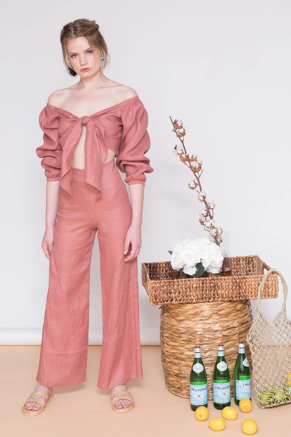 MARRAKESH PANTS SET Off Shoulder Sleeve Top with Tie front   Culottes (Old Rose Crepe)