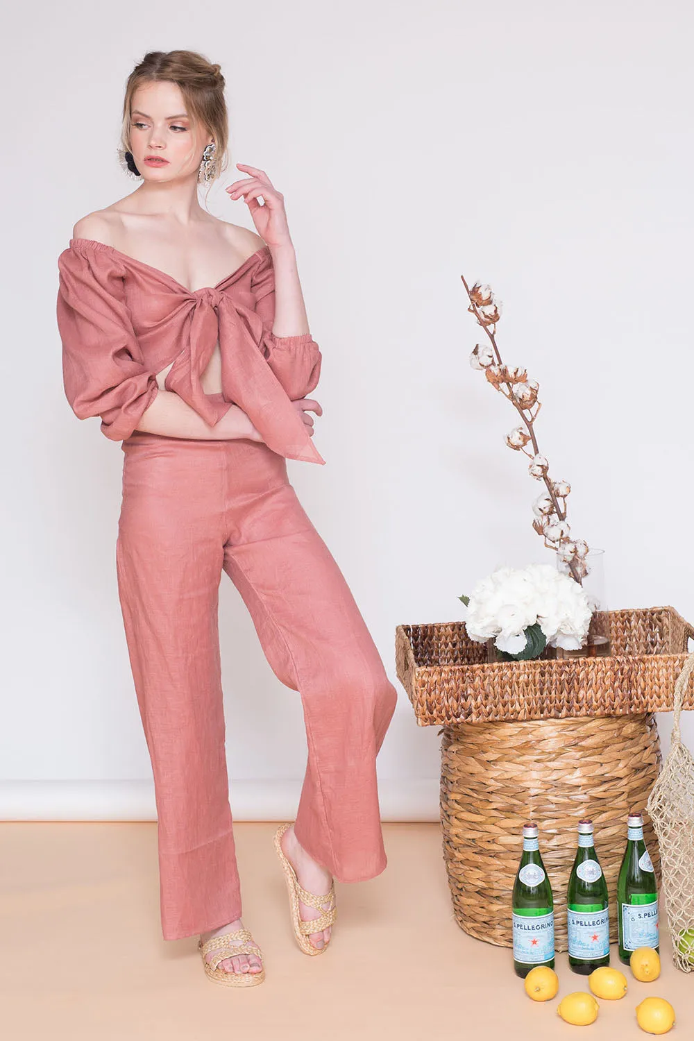 MARRAKESH PANTS SET Off Shoulder Sleeve Top with Tie front   Culottes (Old Rose Crepe)