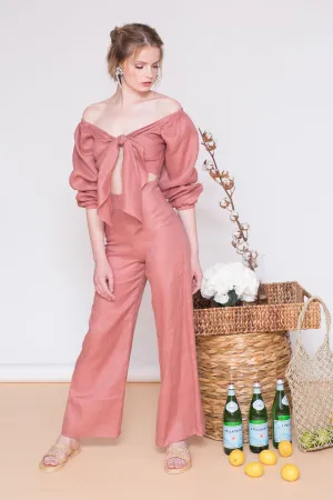 MARRAKESH PANTS SET Off Shoulder Sleeve Top with Tie front   Culottes (Old Rose Crepe)