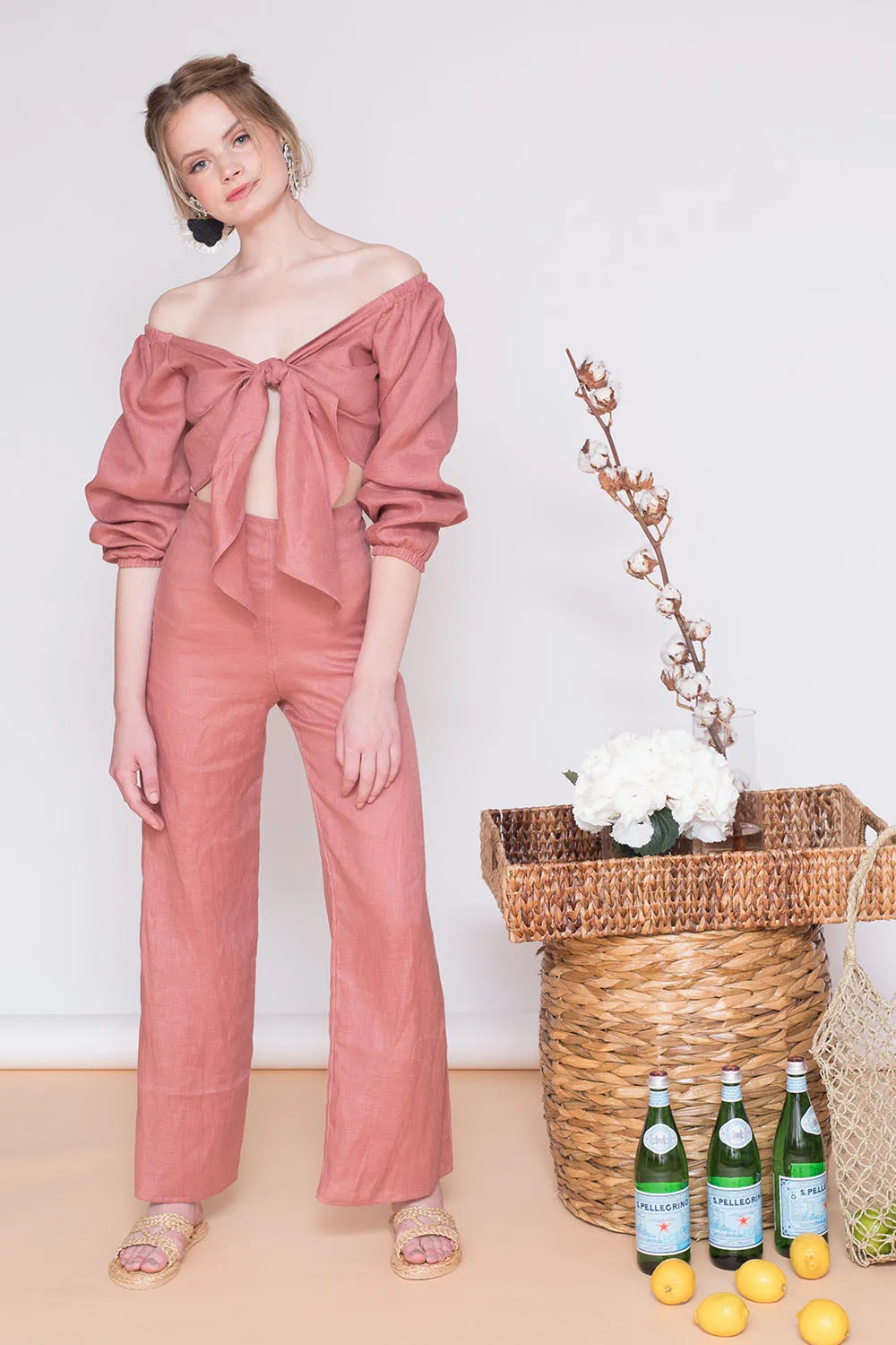 MARRAKESH PANTS SET Off Shoulder Sleeve Top with Tie front   Culottes (Old Rose Crepe)