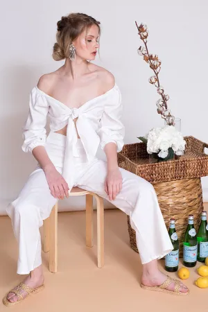 MARRAKESH PANTS SET Off Shoulder Sleeve Top with Tie front   Culottes (White Linen)
