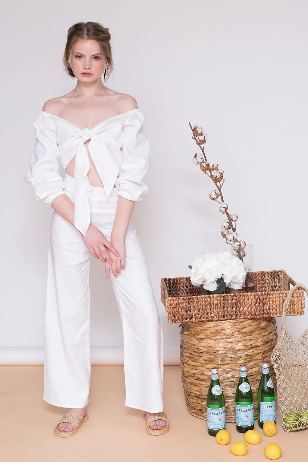 MARRAKESH PANTS SET Off Shoulder Sleeve Top with Tie front   Culottes (White Linen)