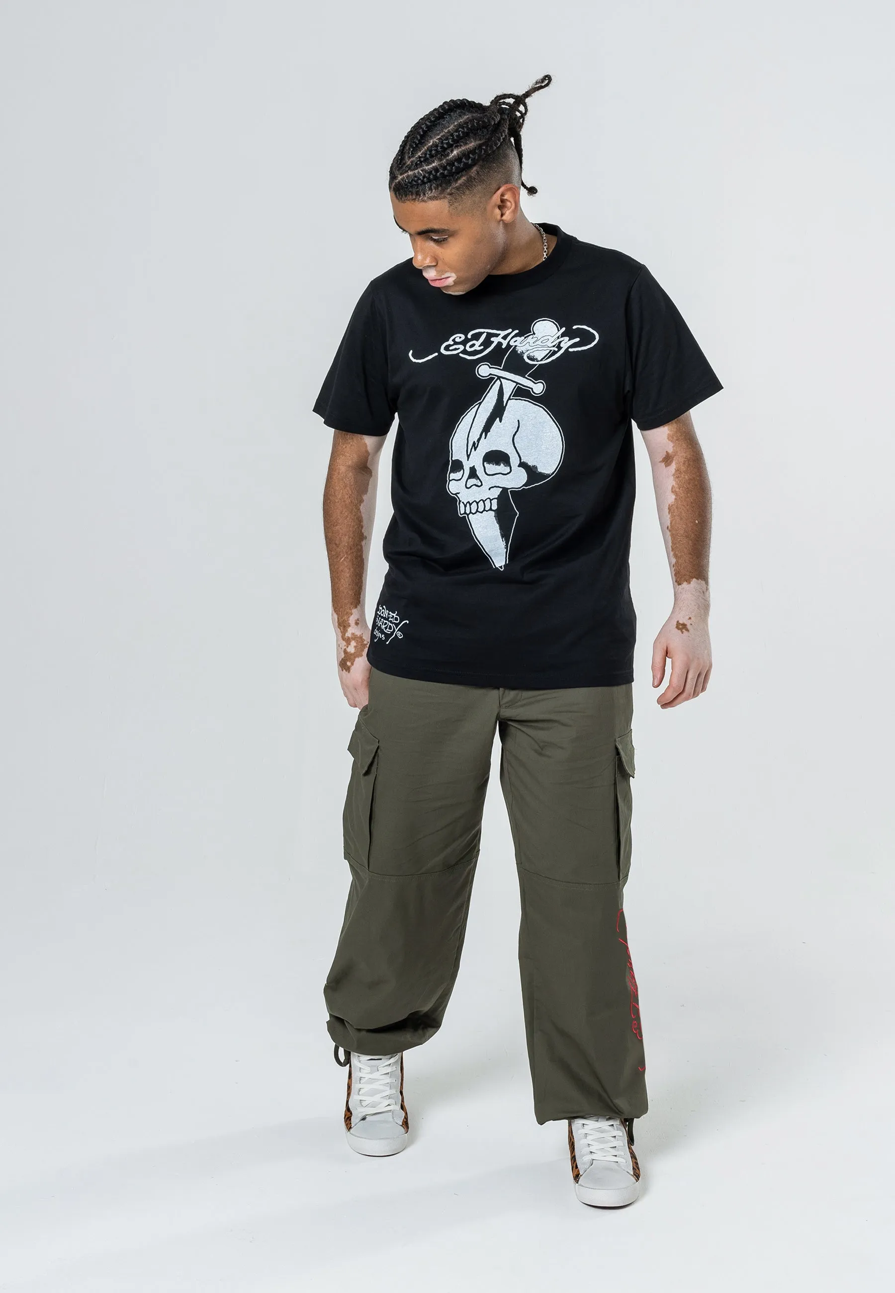 Mens Destiny Skull Wings Cargo Pants Trousers - Olive