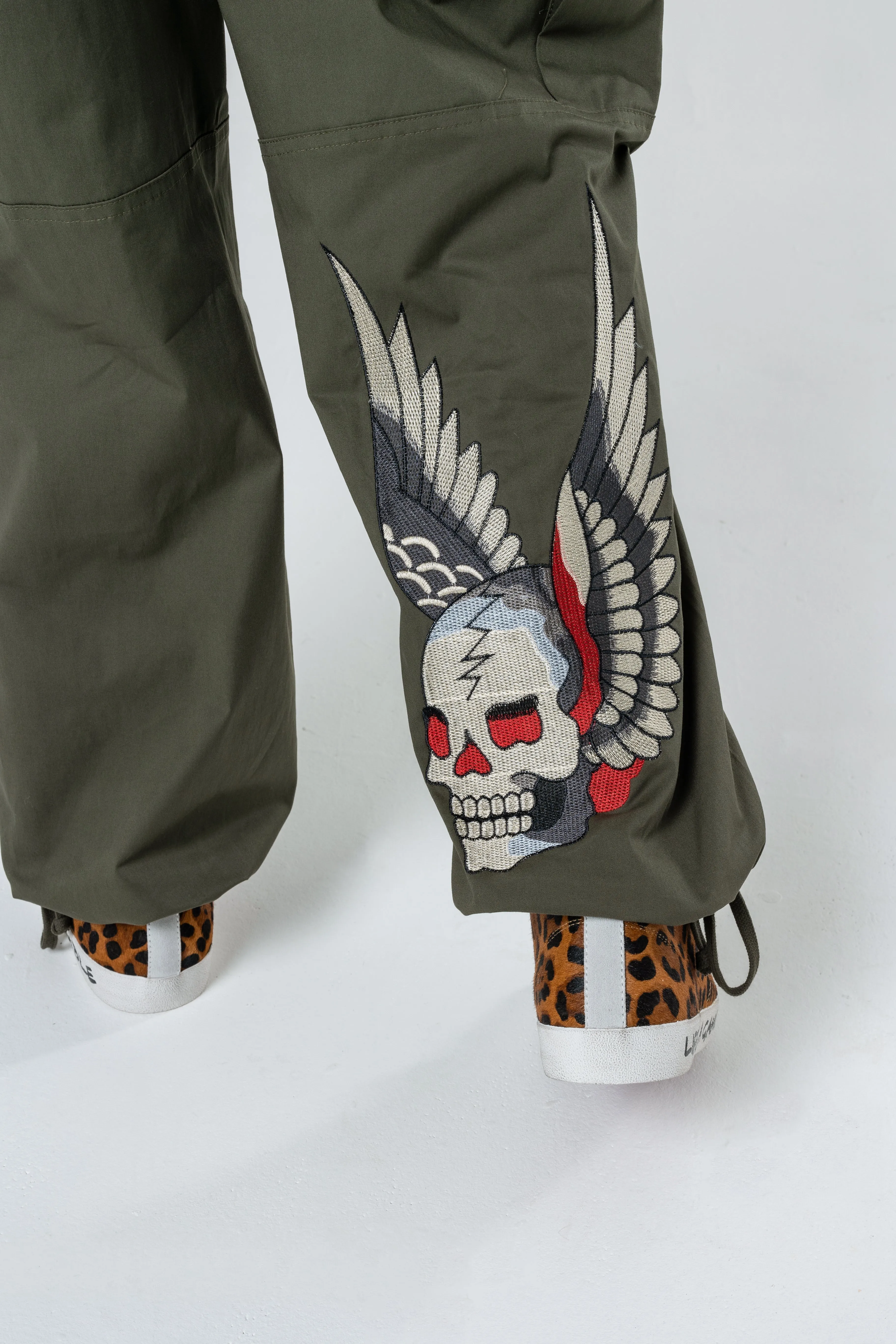 Mens Destiny Skull Wings Cargo Pants Trousers - Olive