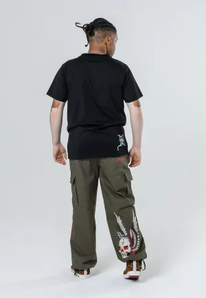 Mens Destiny Skull Wings Cargo Pants Trousers - Olive
