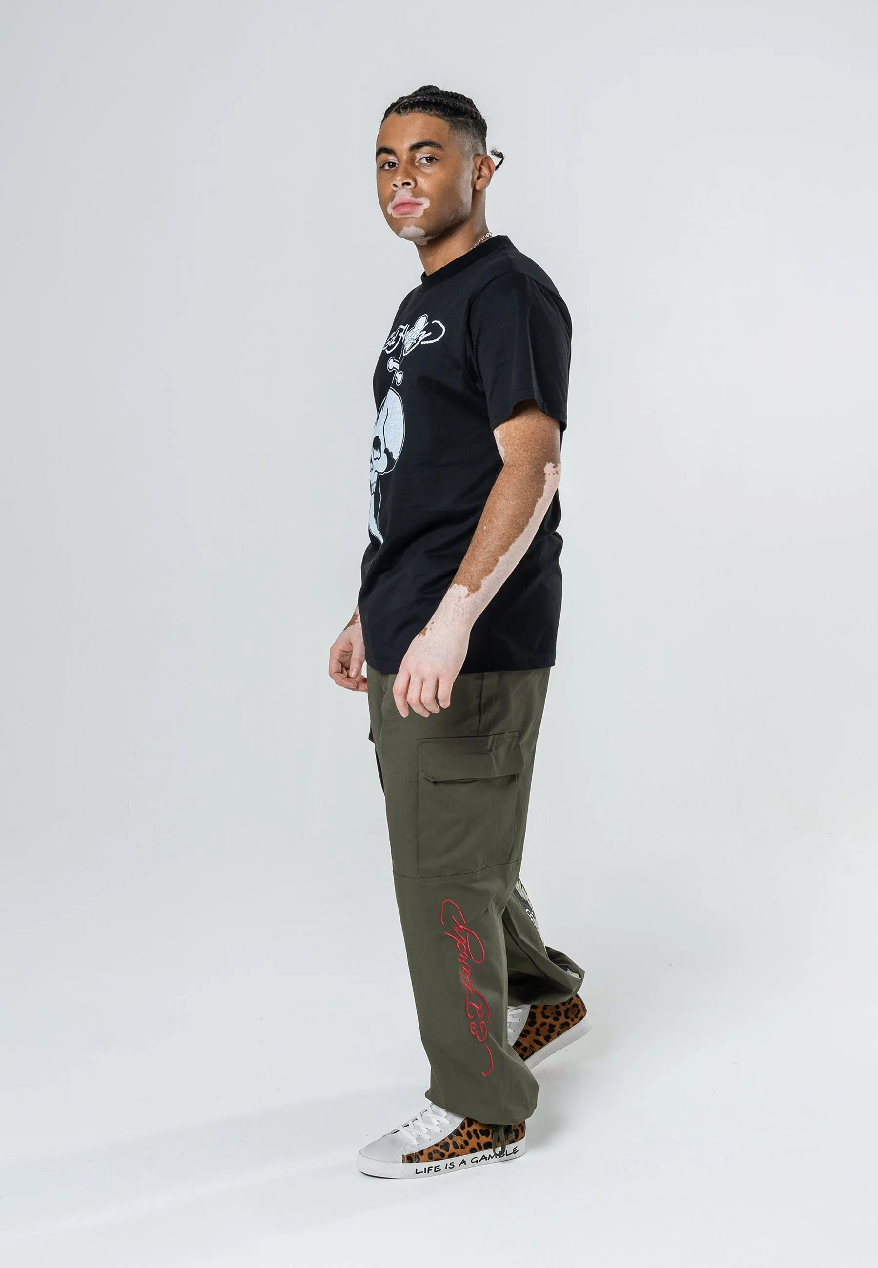 Mens Destiny Skull Wings Cargo Pants Trousers - Olive