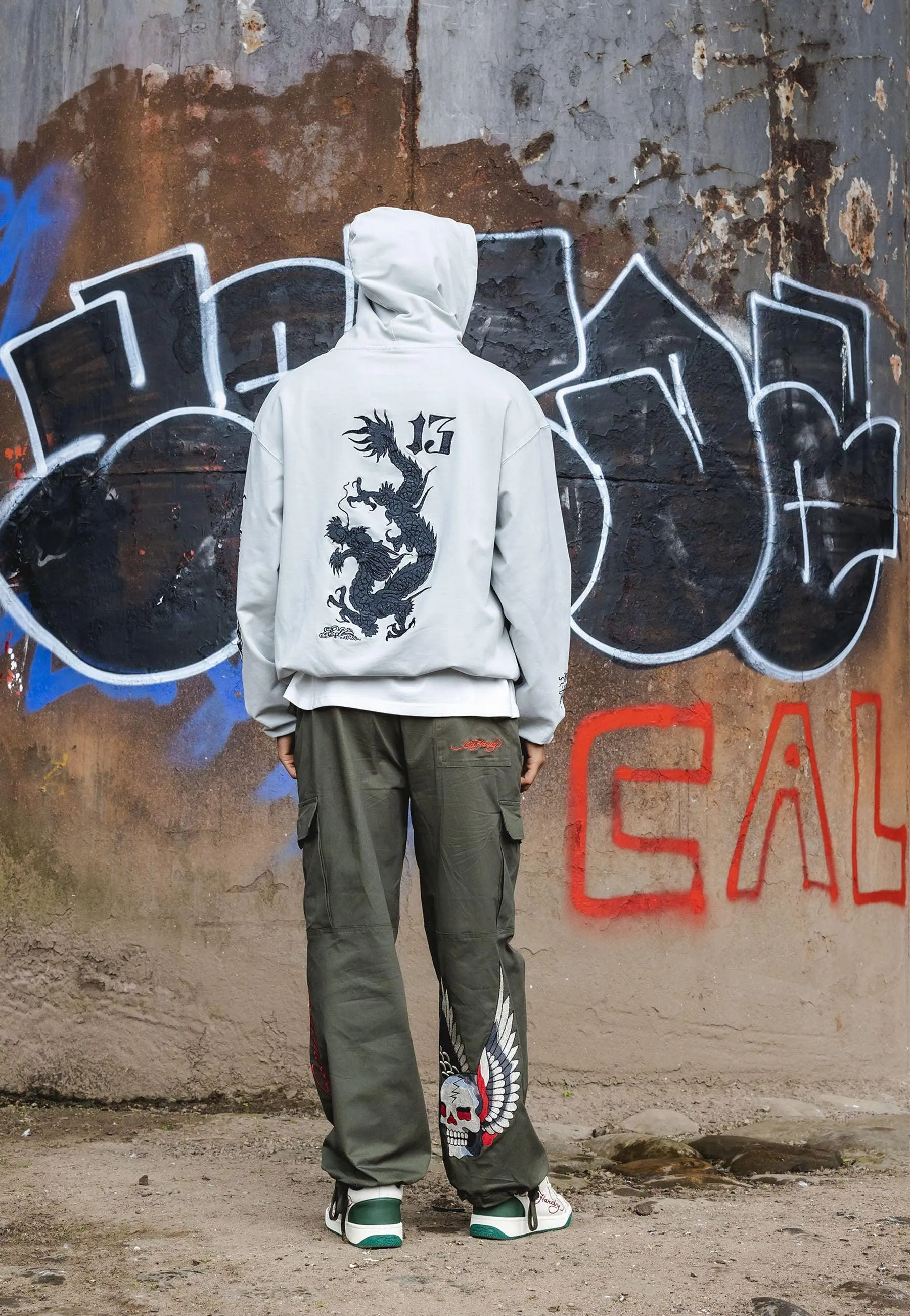Mens Destiny Skull Wings Cargo Pants Trousers - Olive