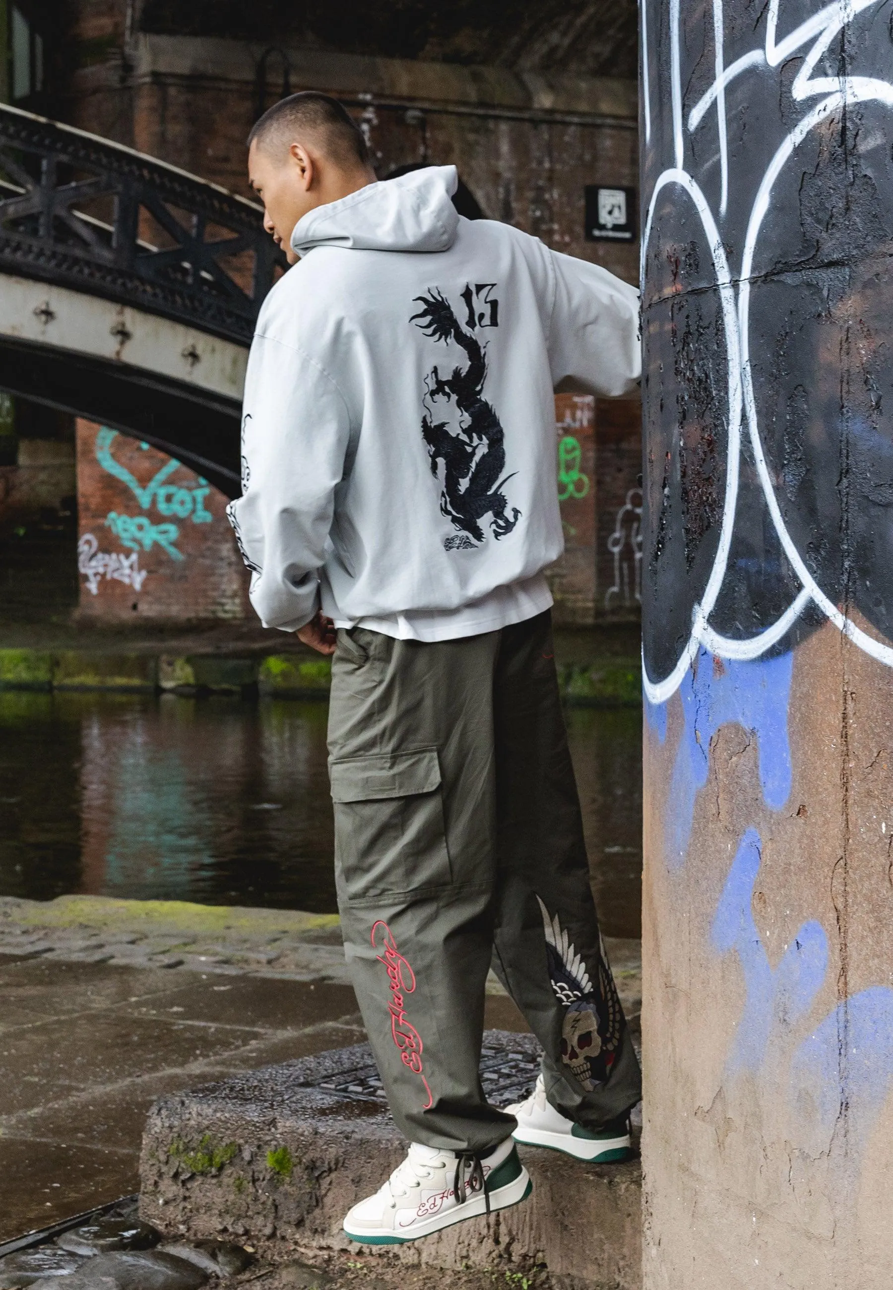 Mens Destiny Skull Wings Cargo Pants Trousers - Olive