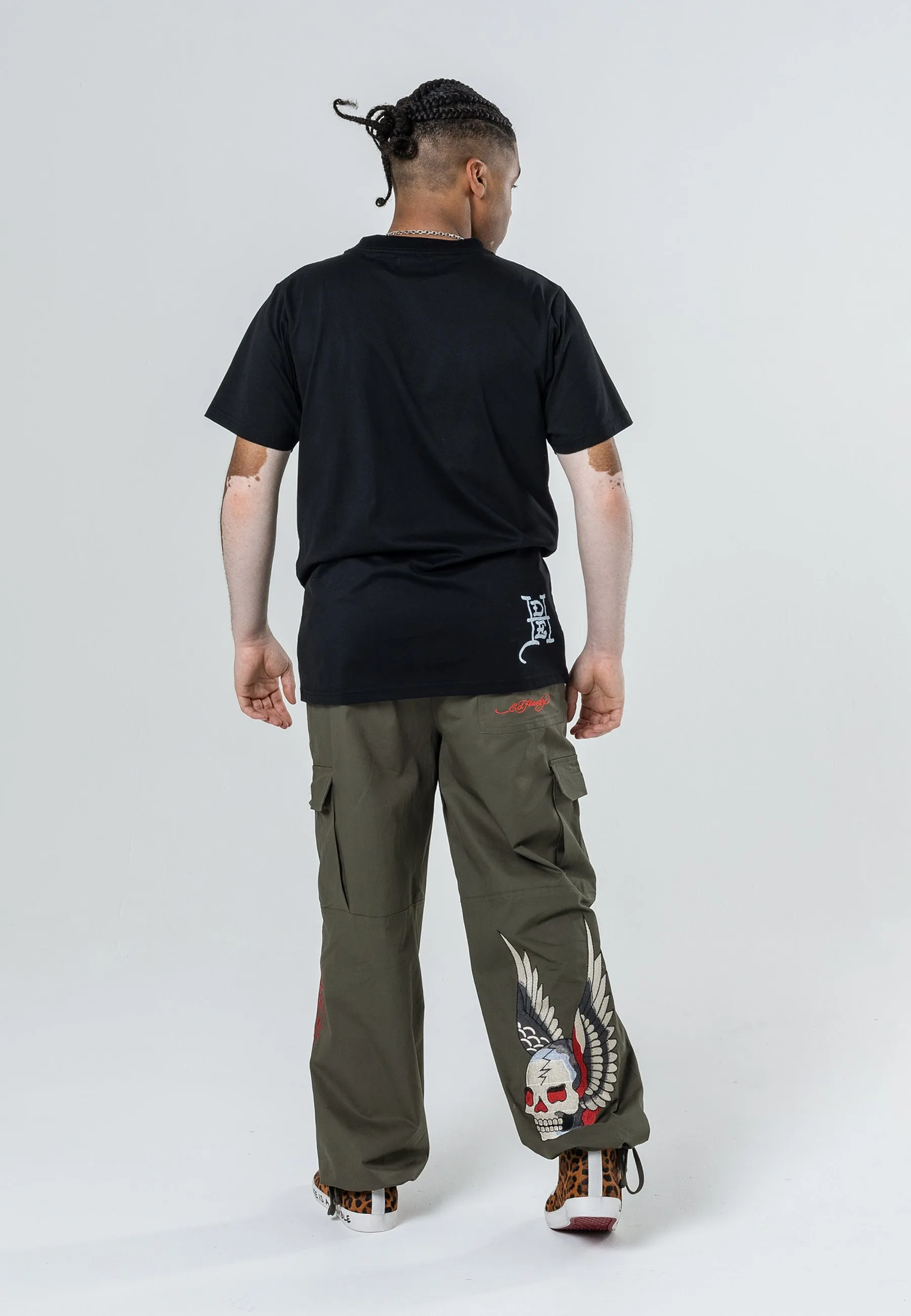 Mens Destiny Skull Wings Cargo Pants Trousers - Olive