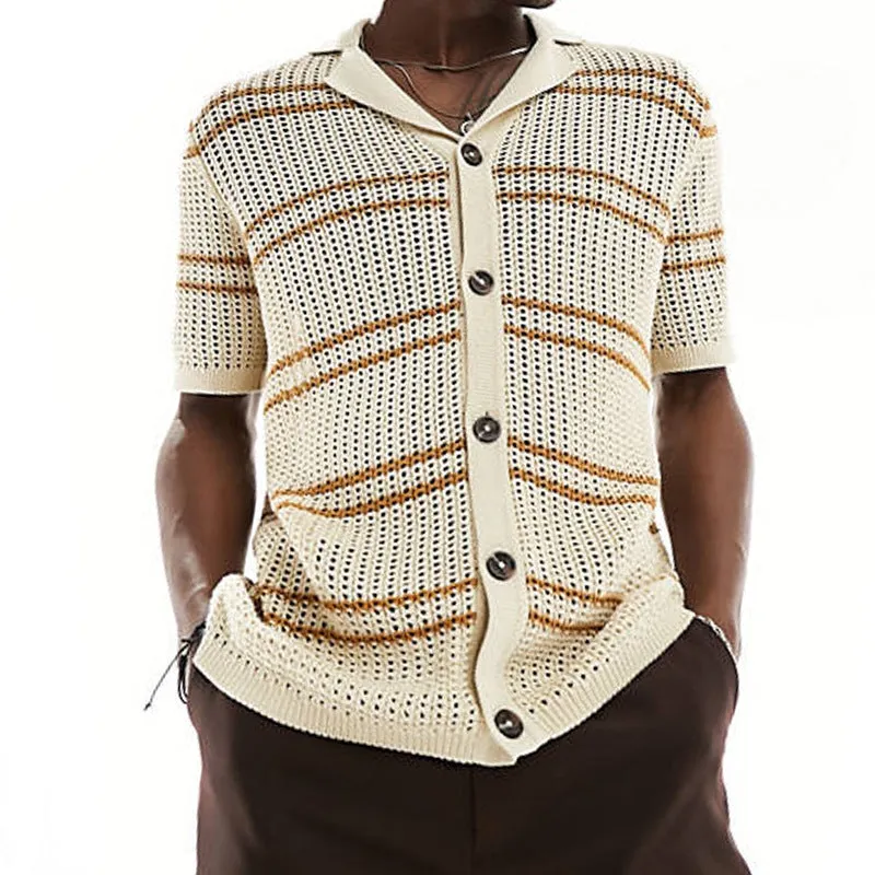 Men's Knitwear Lapel Short Sleeve Hollow Thin Cardigan