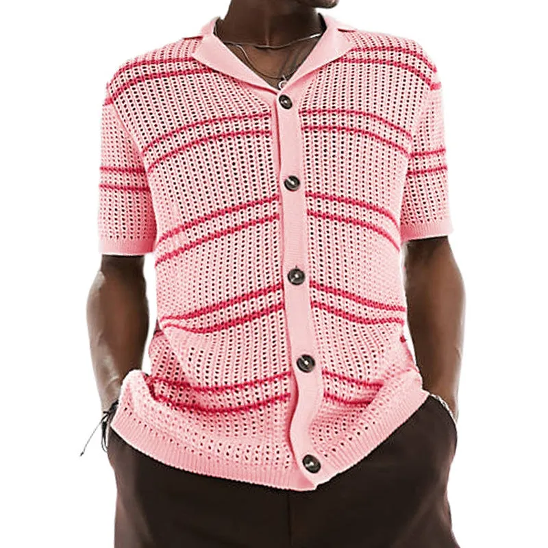 Men's Knitwear Lapel Short Sleeve Hollow Thin Cardigan