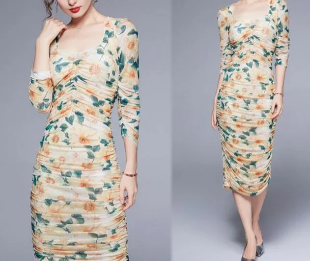 Midi Party Dinner Night Dresses Vintage Square Collar Clubwear
