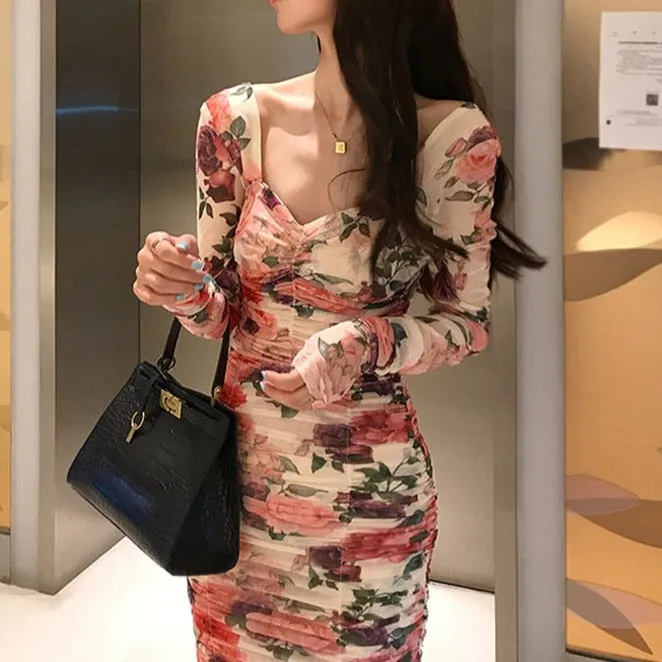 Midi Party Dinner Night Dresses Vintage Square Collar Clubwear