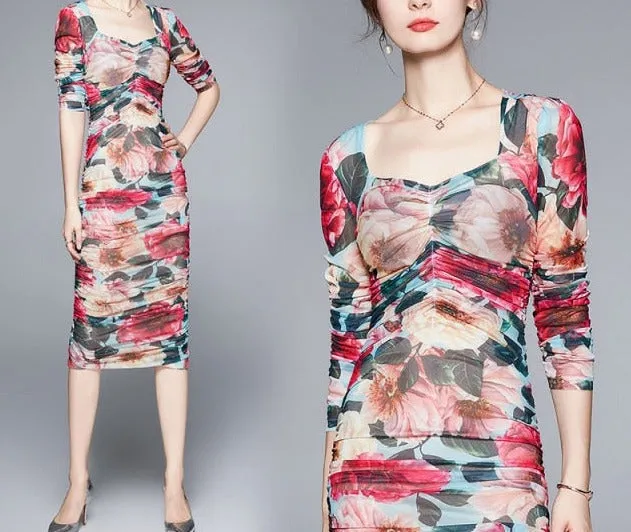 Midi Party Dinner Night Dresses Vintage Square Collar Clubwear