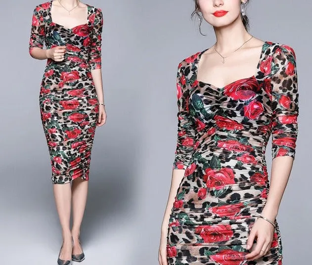 Midi Party Dinner Night Dresses Vintage Square Collar Clubwear
