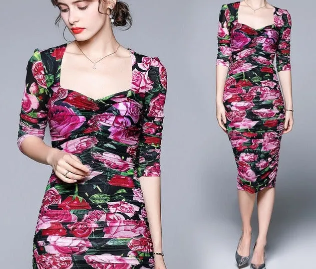 Midi Party Dinner Night Dresses Vintage Square Collar Clubwear