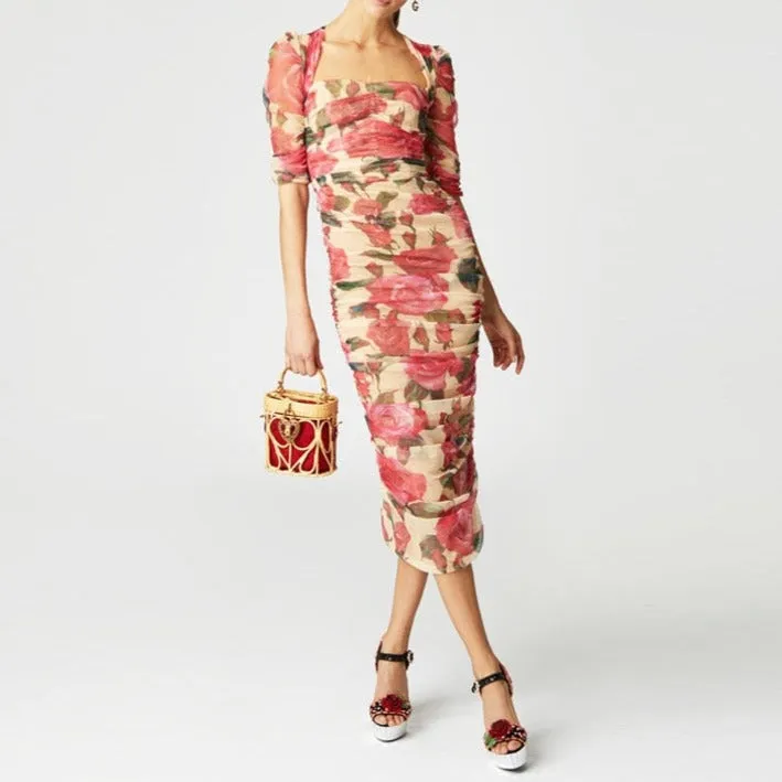 Midi Party Dinner Night Dresses Vintage Square Collar Clubwear