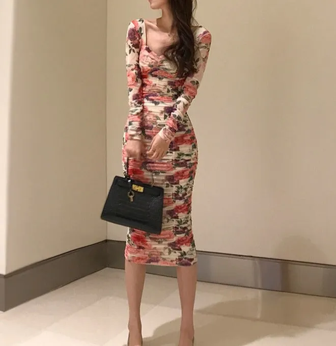 Midi Party Dinner Night Dresses Vintage Square Collar Clubwear