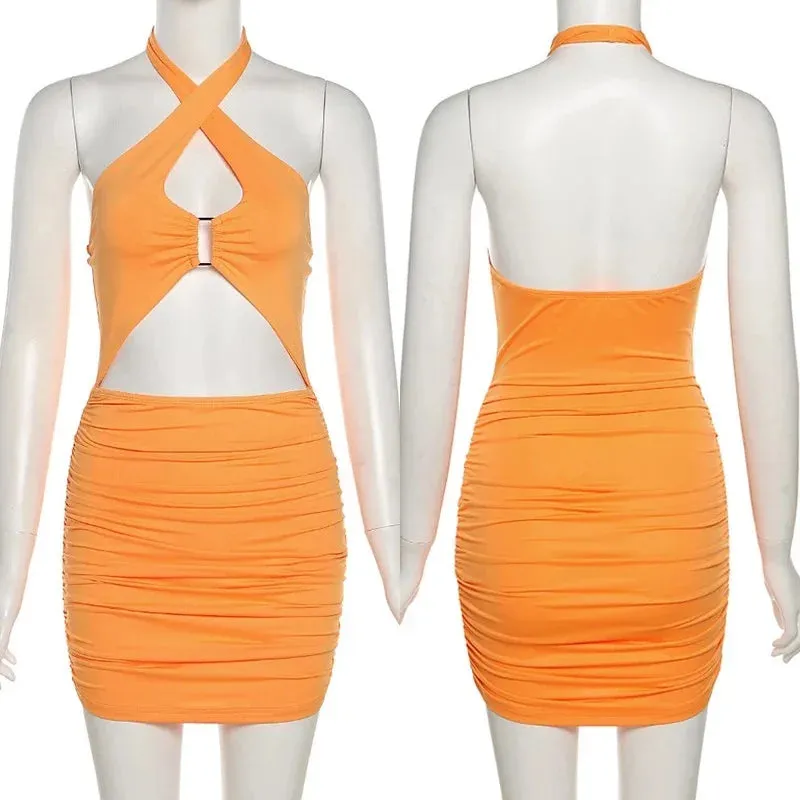 Mini Sexy Ruched Halter Party Night Backless Bandage Bodycon Club Dress