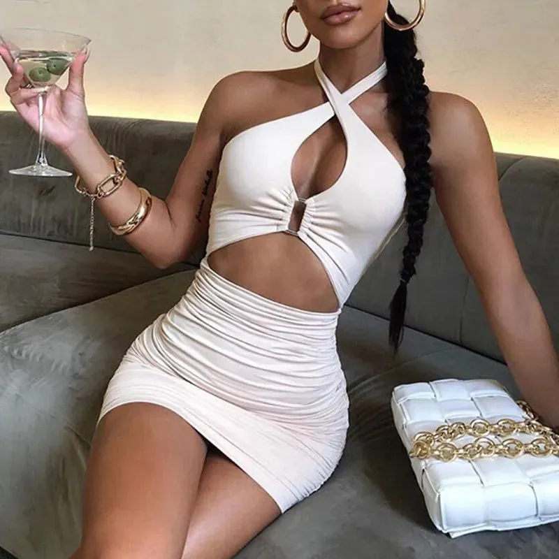 Mini Sexy Ruched Halter Party Night Backless Bandage Bodycon Club Dress