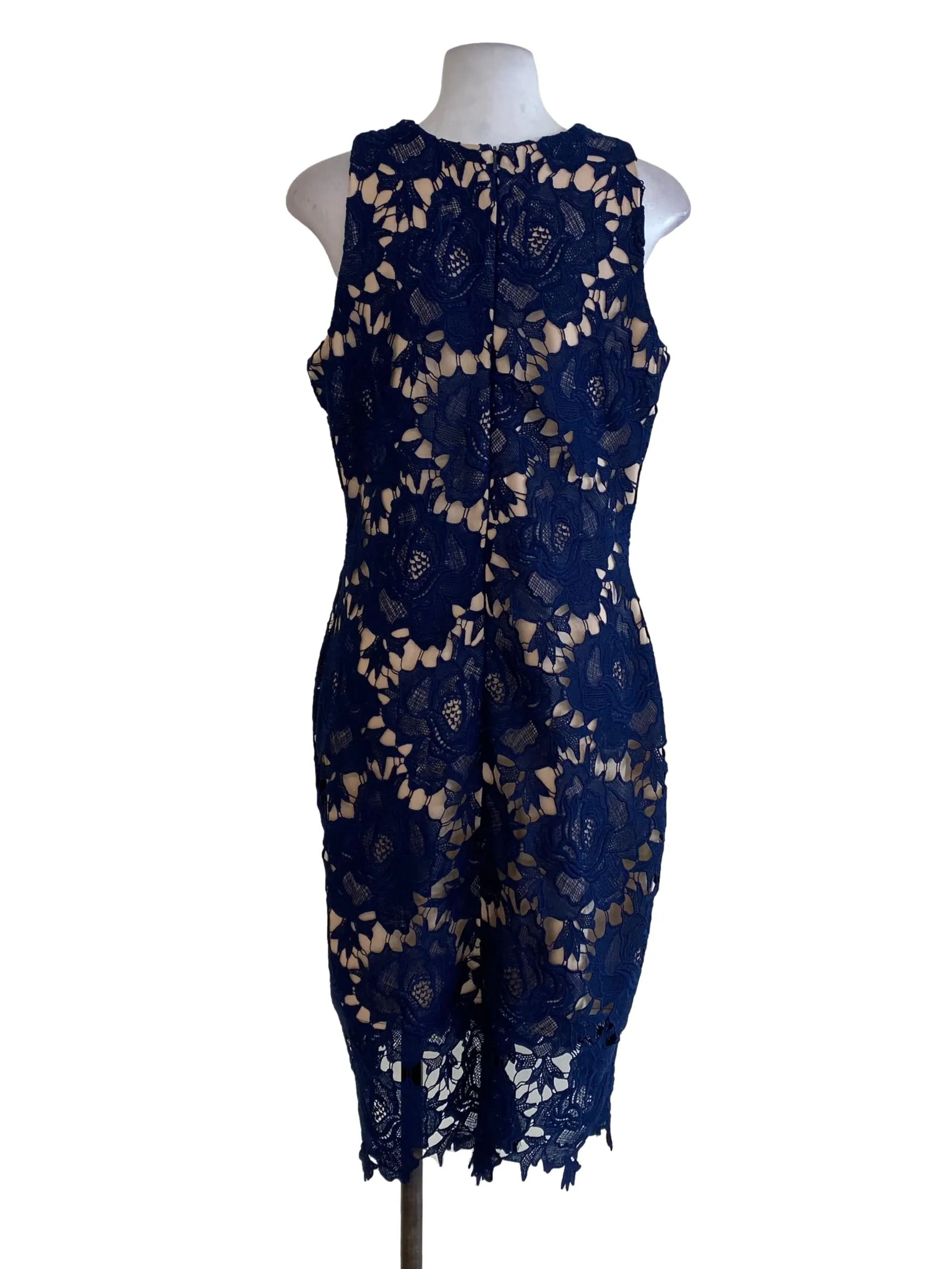 Navy Blue Floral Laced Sheath Dress