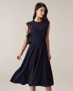 Navy See-through Cap Sleeve Midi Dress