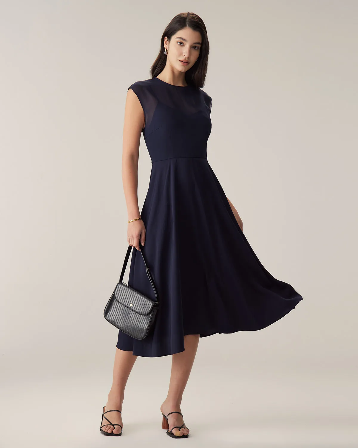 Navy See-through Cap Sleeve Midi Dress