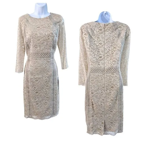 NWT ANTONIO MELANI Greenwich Guipure Lace Beige LS Sheath Midi Dress Size 6