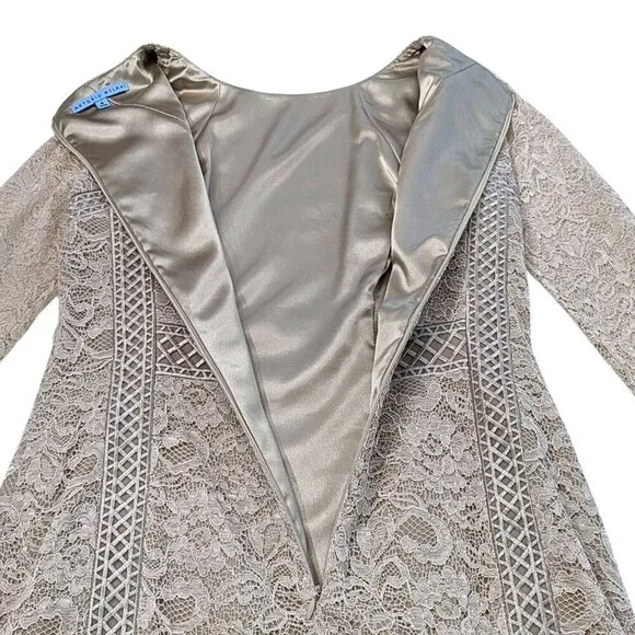 NWT ANTONIO MELANI Greenwich Guipure Lace Beige LS Sheath Midi Dress Size 6