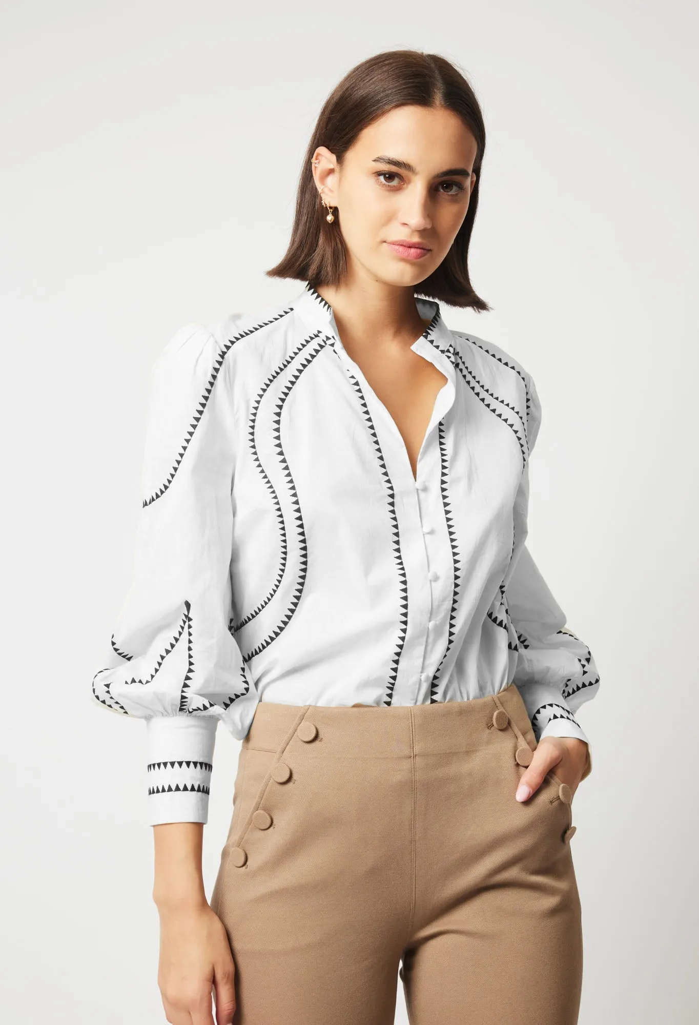Once Was Meridian Placement Embroidered Shirt | Porcelain