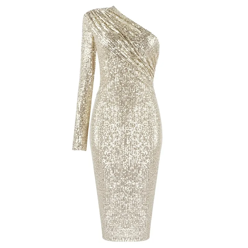 One Shoulder Sparkle Glitzy Sequins Dress