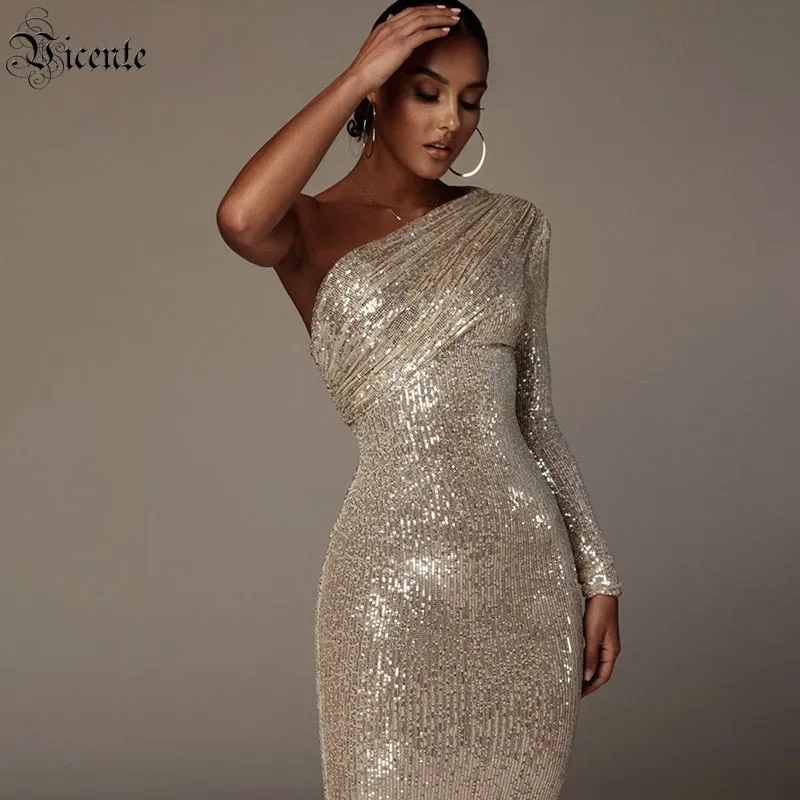 One Shoulder Sparkle Glitzy Sequins Dress
