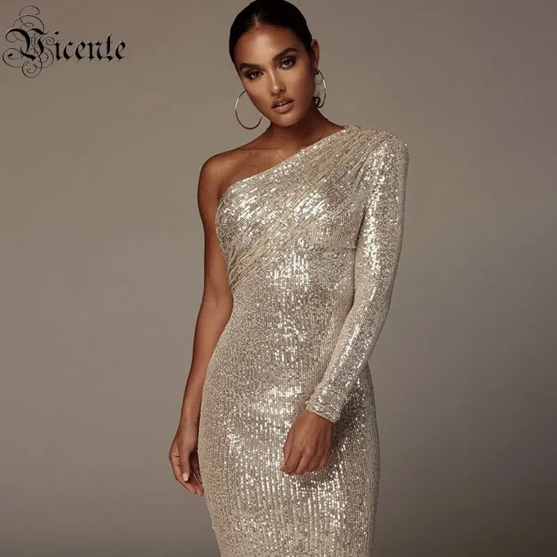One Shoulder Sparkle Glitzy Sequins Dress