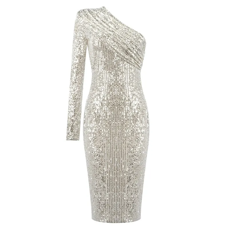 One Shoulder Sparkle Glitzy Sequins Dress