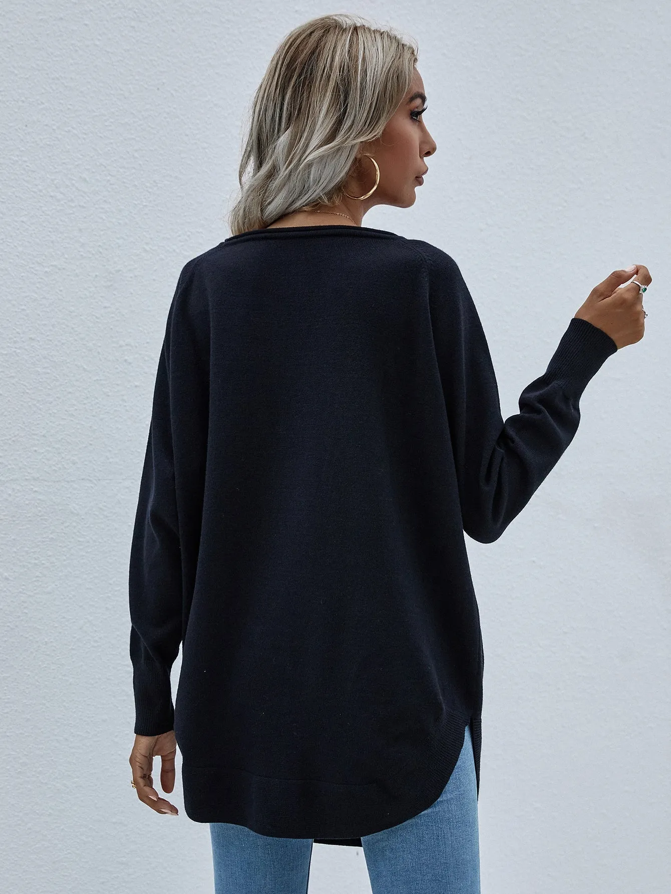 Oversized Collared Down Knit Sweater - Black