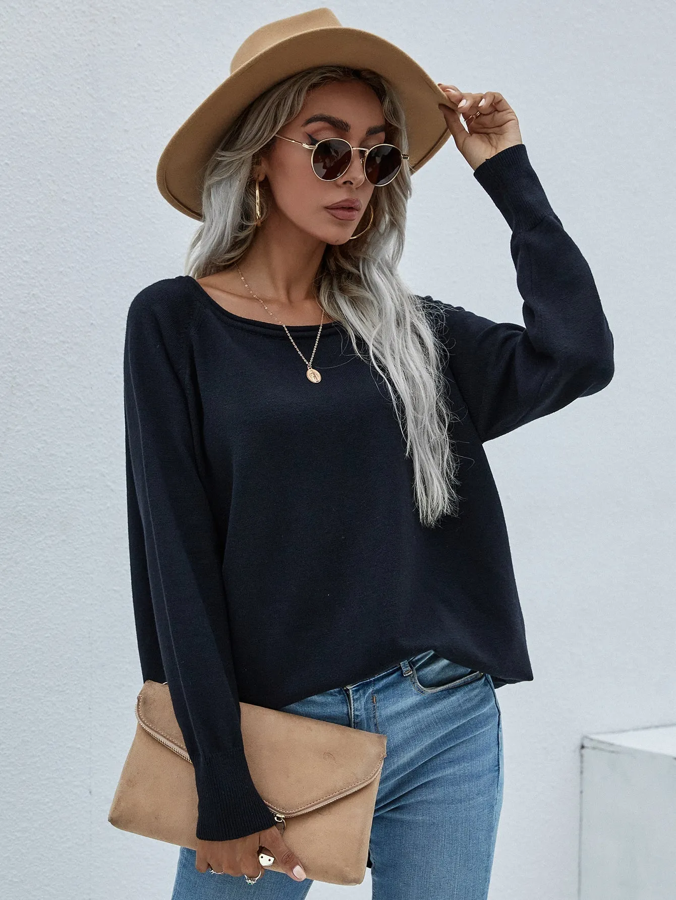 Oversized Collared Down Knit Sweater - Black