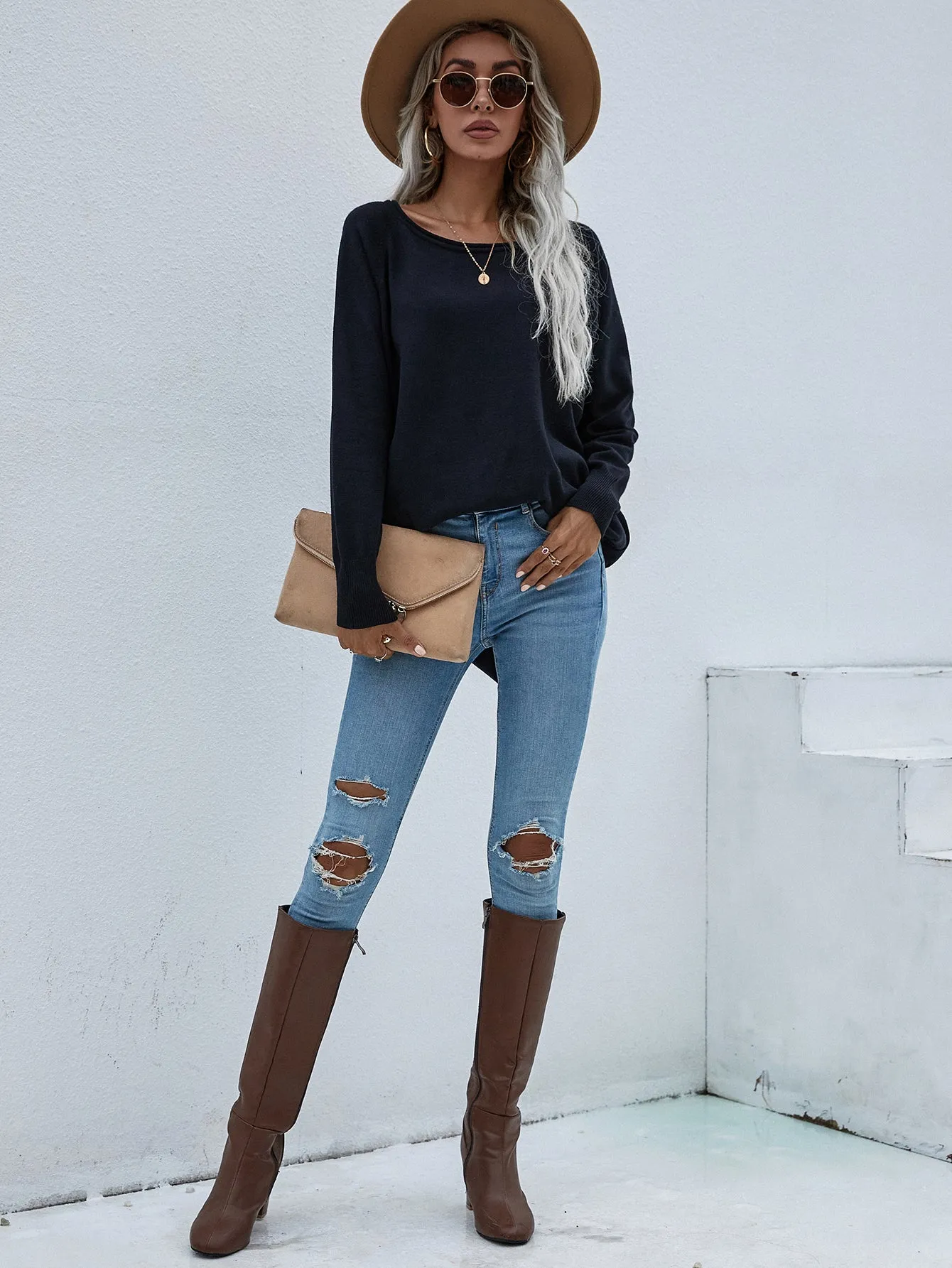 Oversized Collared Down Knit Sweater - Black