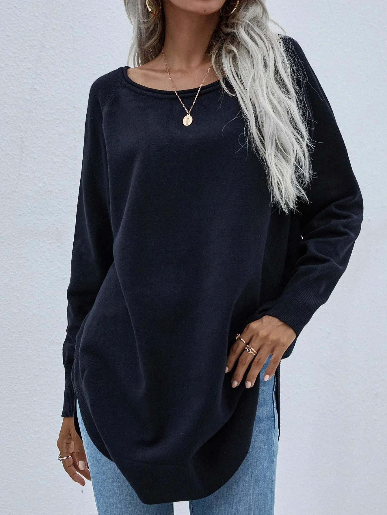 Oversized Collared Down Knit Sweater - Black