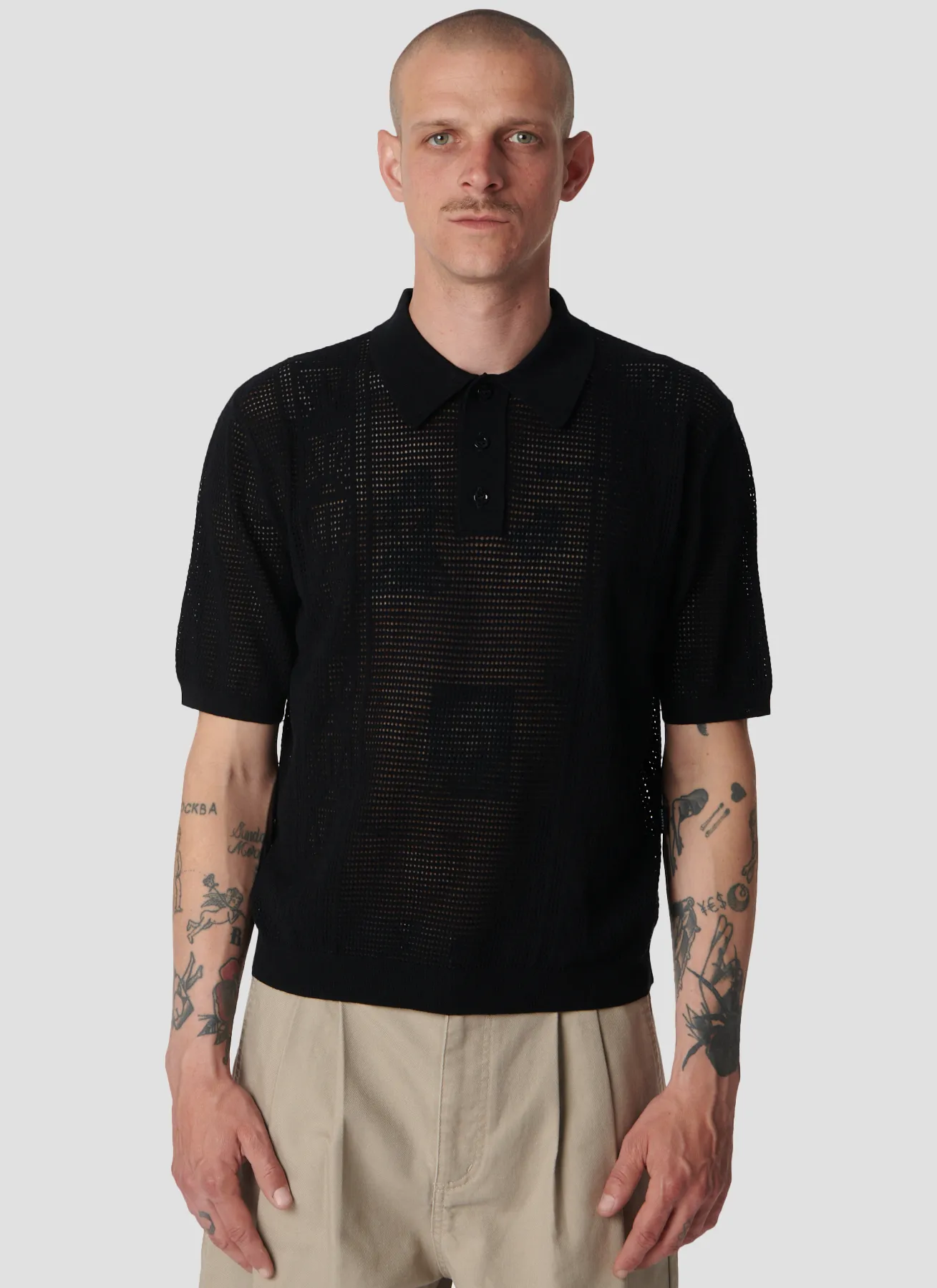 PACC16N002~LOOSE KNIT LOGO SS POLO - BLACK